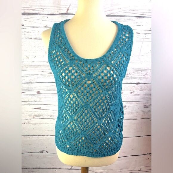 Women’s Teal Sweater Open Knit Tank Blouse - Picture 1 of 6
